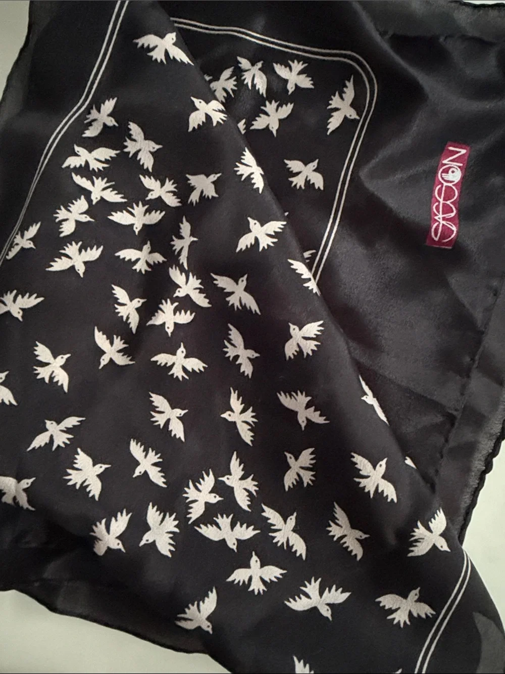 Vintage Sasson Flying Birds Silk Oblong Scarf Black Cream Oblong 10x34 Neck Wrap